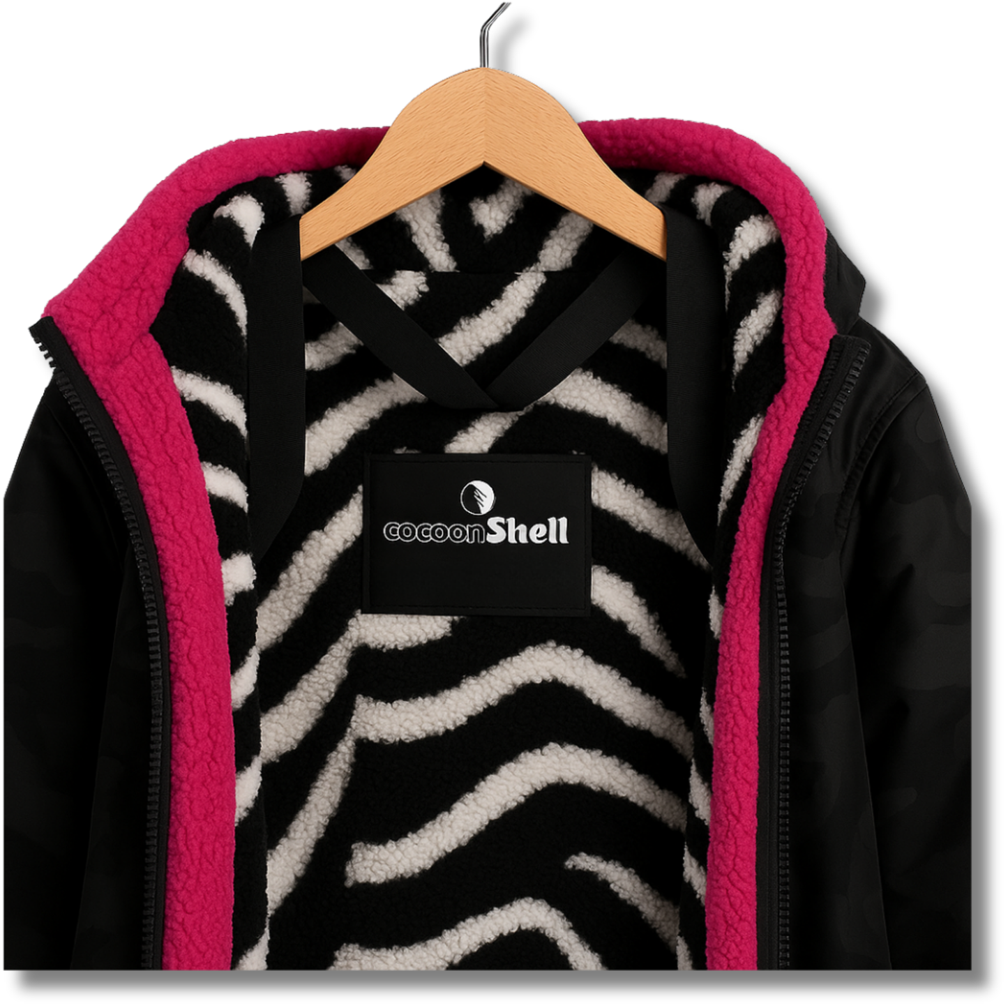 cocoonShell Apex – Black/ Camo | Pink Trim | Zebra Plush Lining