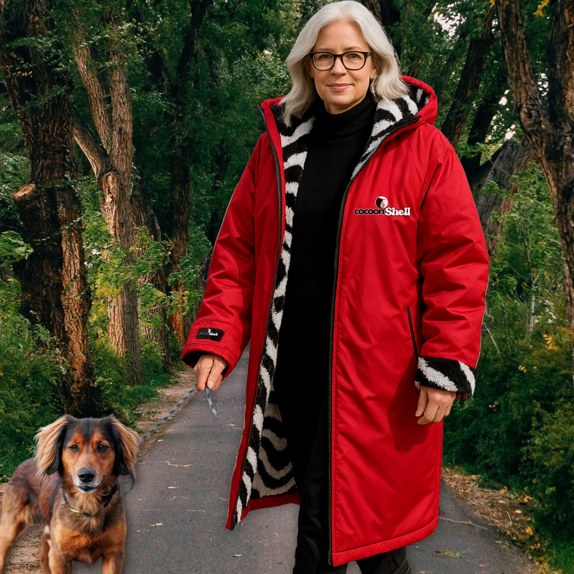 Red waterproof coat  oversized  walking the dog 