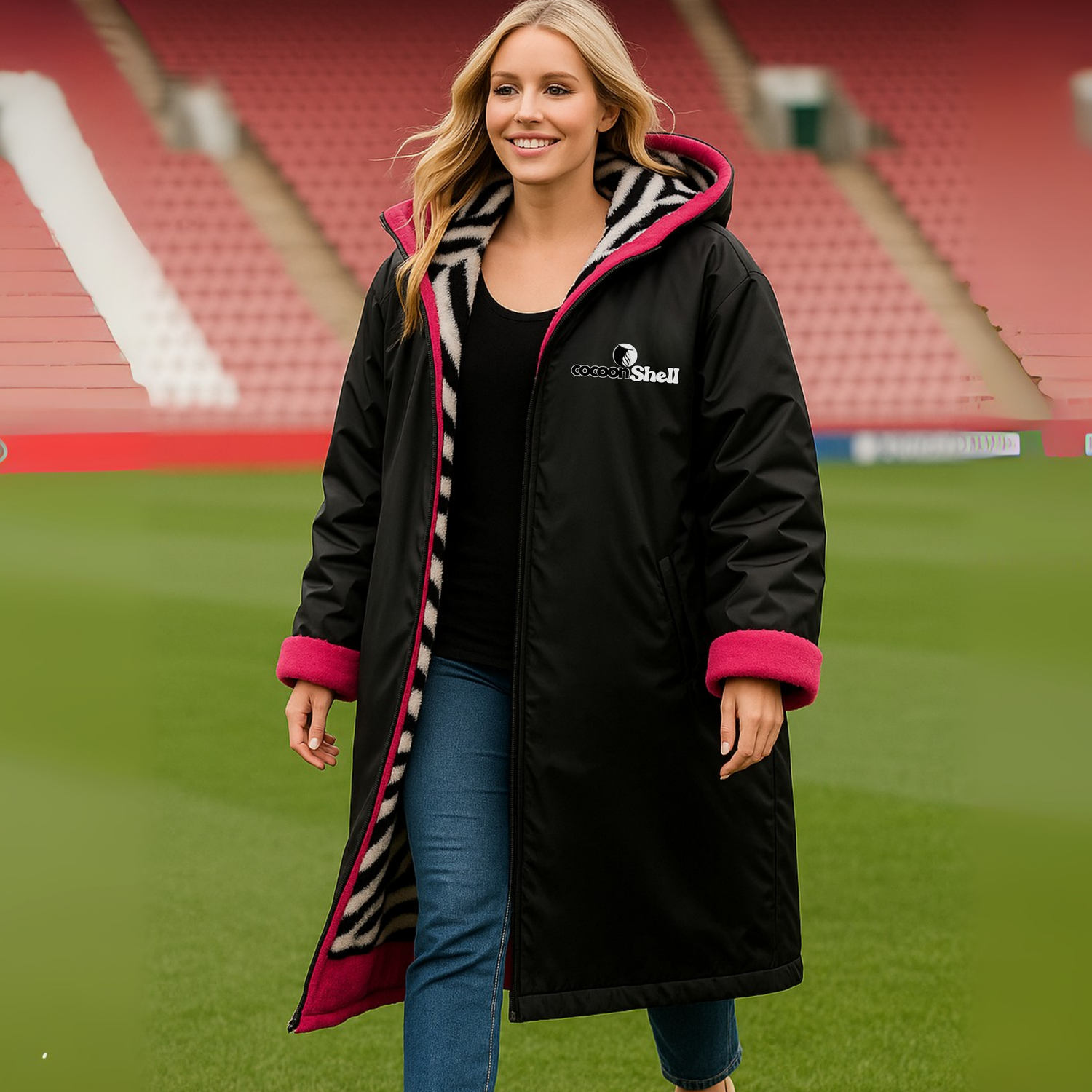 lBack/ | Pink Trim | Zebra Plush Lining  Waterproof Overzized coat  for outdoors  windbreaker 